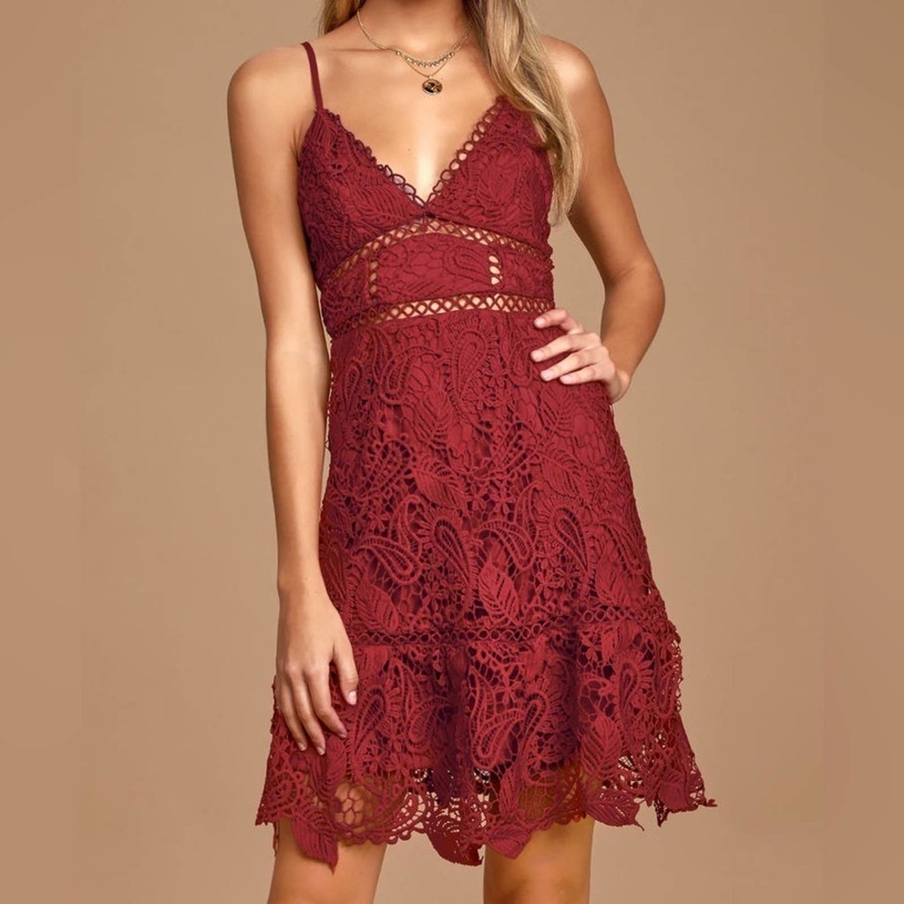 Lulu’s Dearly Beloved Red Crochet Lace Valentine’s Sundress Date mini Dress S